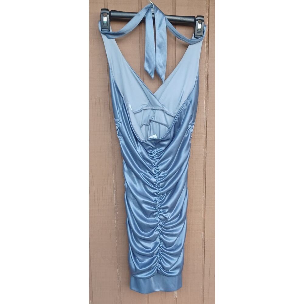 Deb Vintage Y2K Size M Steel Blue Satin Ruched Halter Rhinestone Party Dress - Picture 5 of 8